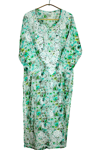 HANA MINT GREEN MULMUL LONG KURTA WITH 3D CHIKANKARI
