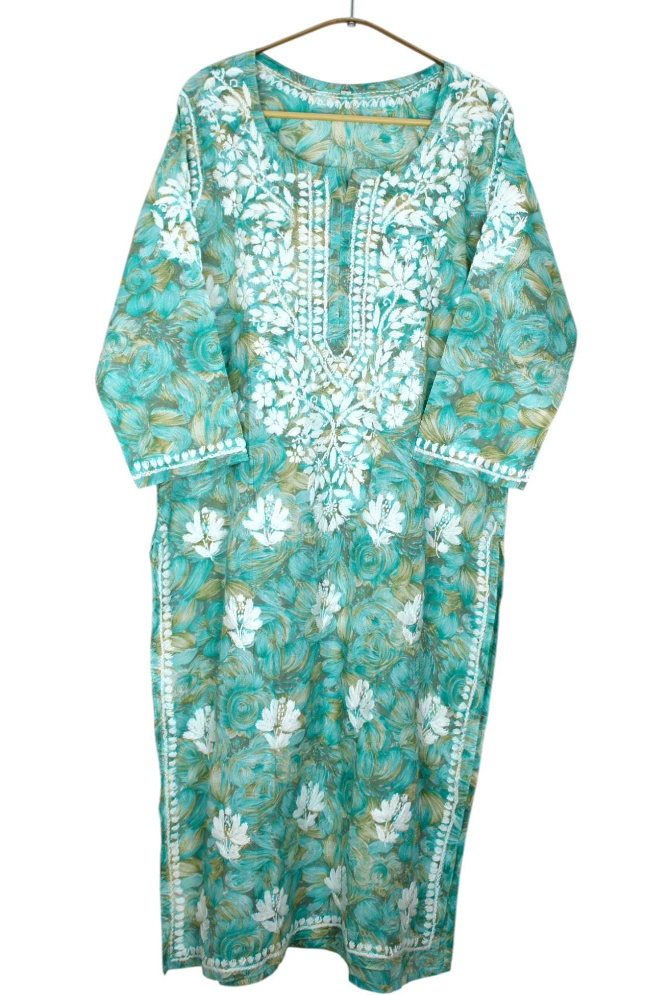 LIYANA MINT GREEN MULMUL LONG KURTA WITH 3D CHIKANKARI
