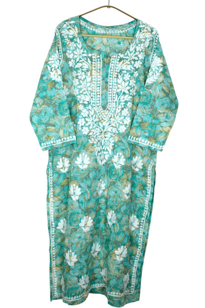 LIYANA MINT GREEN MULMUL LONG KURTA WITH 3D CHIKANKARI