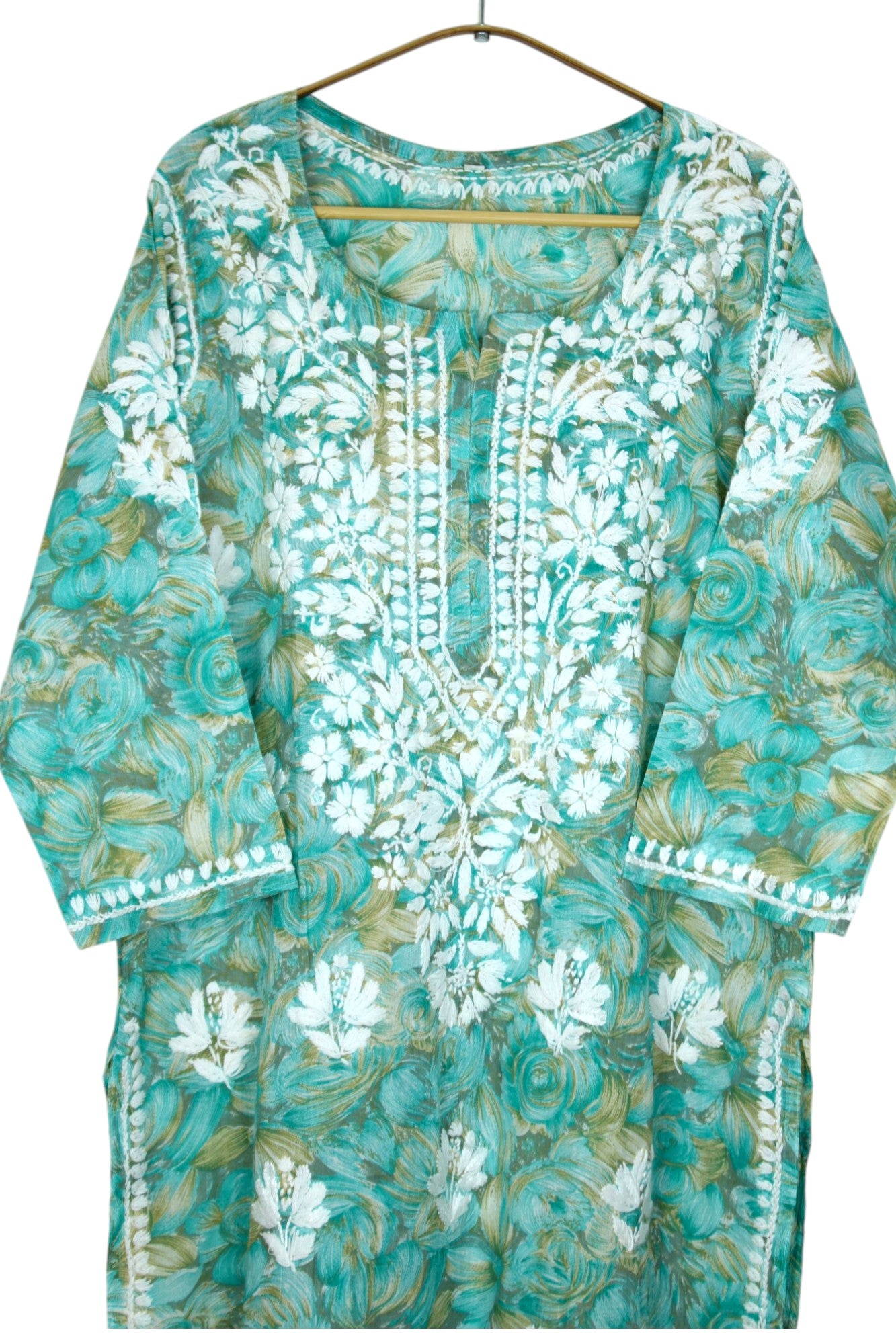 LIYANA MINT GREEN MULMUL LONG KURTA WITH 3D CHIKANKARI