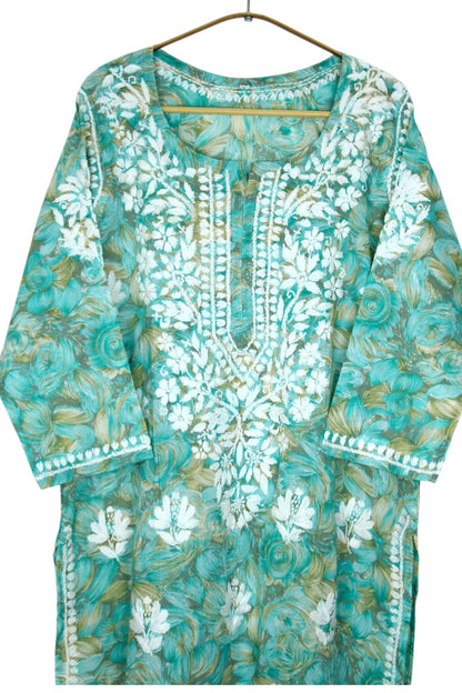 LIYANA MINT GREEN MULMUL LONG KURTA WITH 3D CHIKANKARI