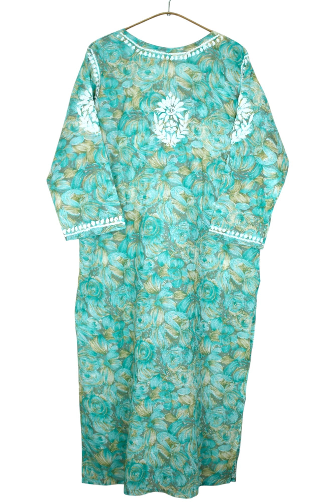 LIYANA MINT GREEN MULMUL LONG KURTA WITH 3D CHIKANKARI