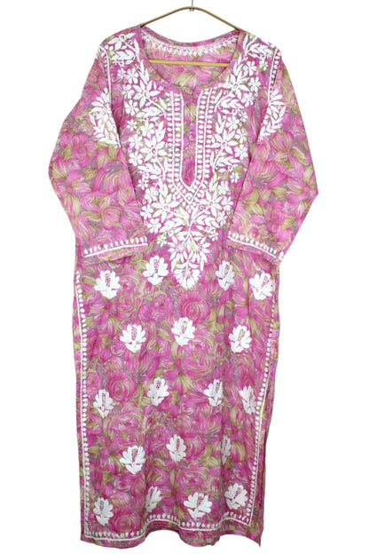 LIYANA PINK MULMUL LONG KURTA WITH 3D CHIKANKARI