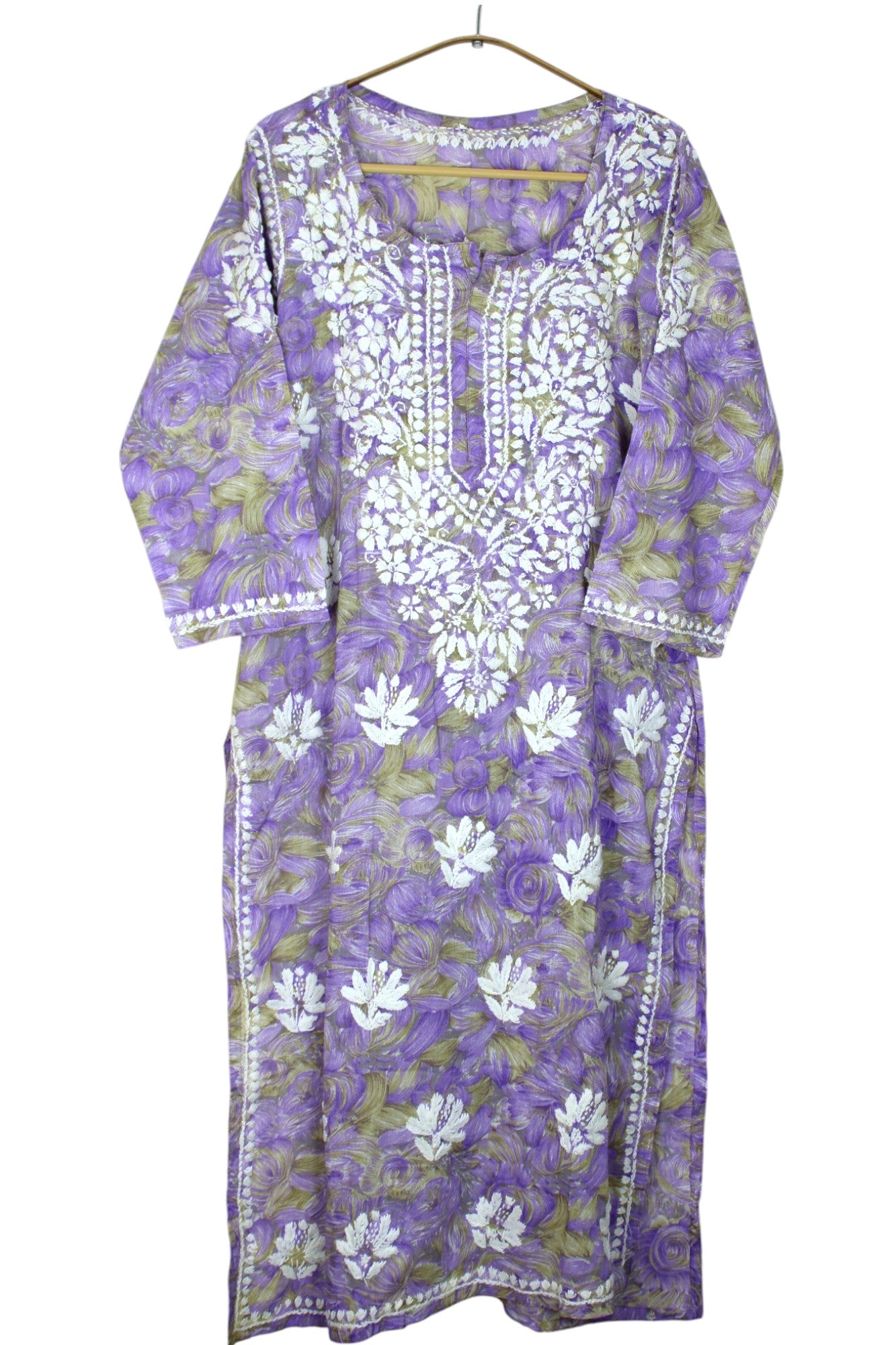 LIYANA LAVENDER MULMUL LONG KURTA WITH 3D CHIKANKARI
