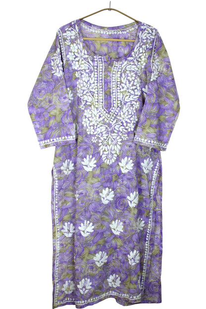 LIYANA LAVENDER MULMUL LONG KURTA WITH 3D CHIKANKARI