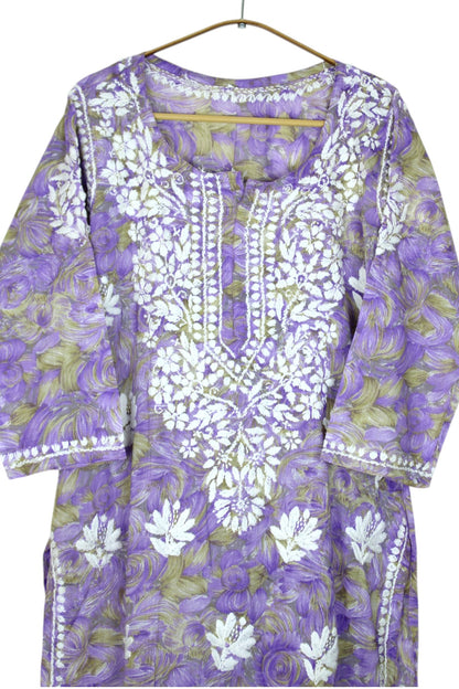 LIYANA LAVENDER MULMUL LONG KURTA WITH 3D CHIKANKARI