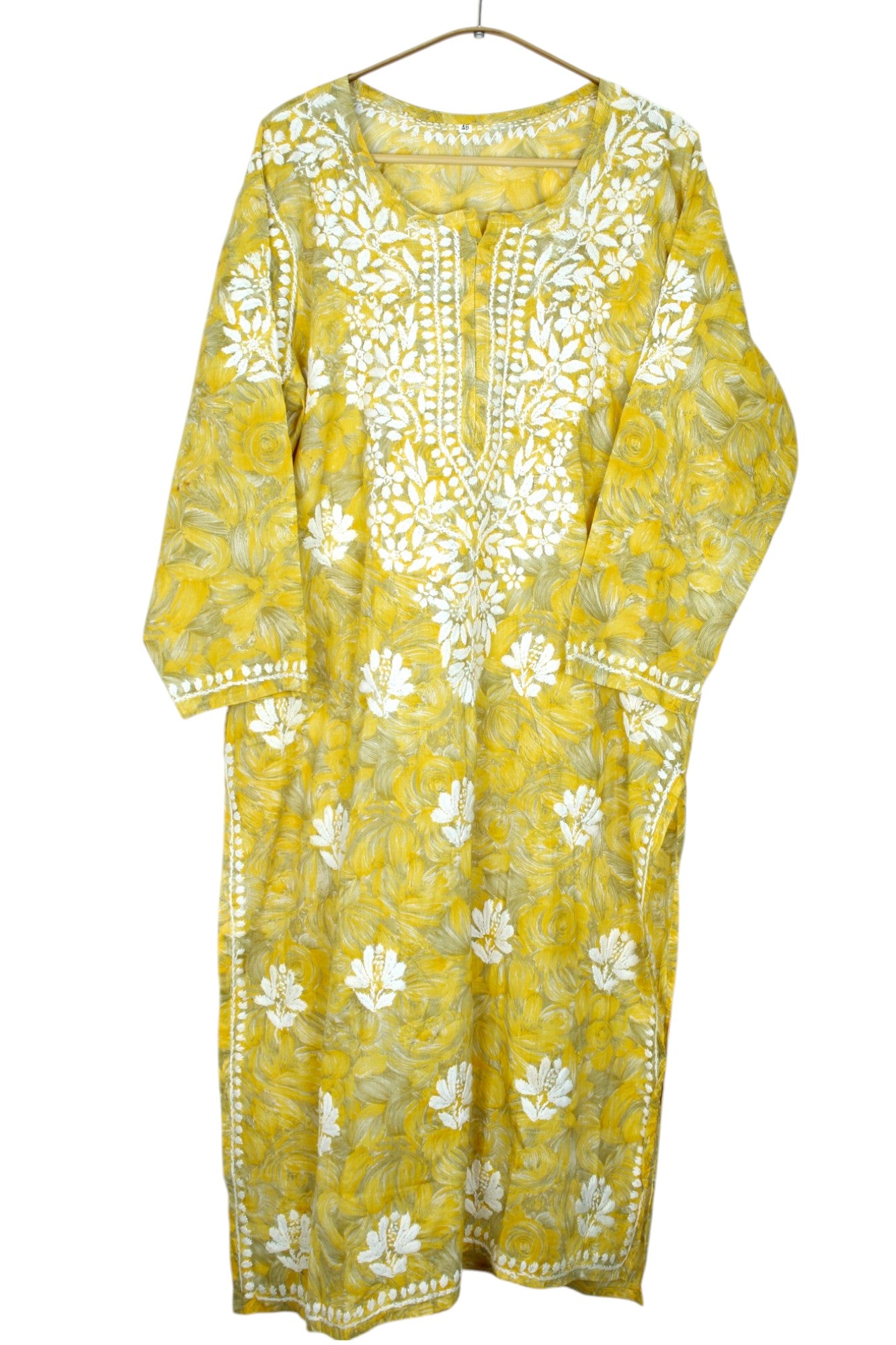 LIYANA YELLOW MULMUL LONG KURTA WITH 3D CHIKANKARI