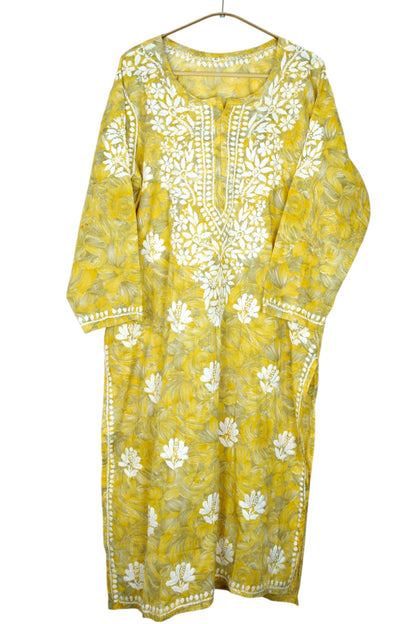 LIYANA YELLOW MULMUL LONG KURTA WITH 3D CHIKANKARI
