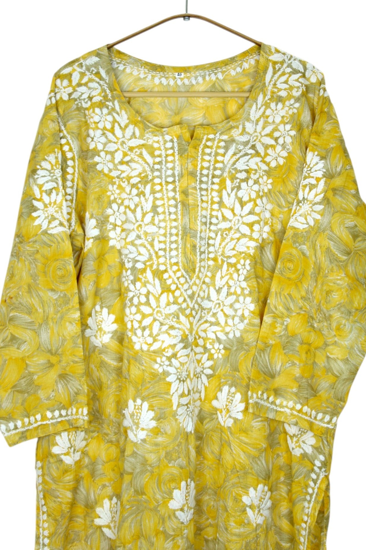 LIYANA YELLOW MULMUL LONG KURTA WITH 3D CHIKANKARI