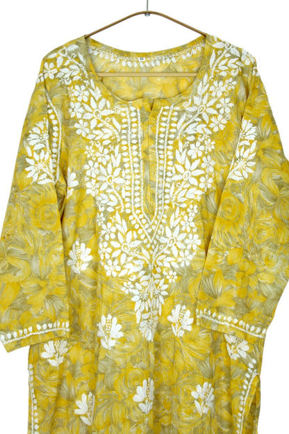 LIYANA YELLOW MULMUL LONG KURTA WITH 3D CHIKANKARI