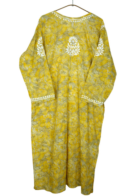 LIYANA YELLOW MULMUL LONG KURTA WITH 3D CHIKANKARI