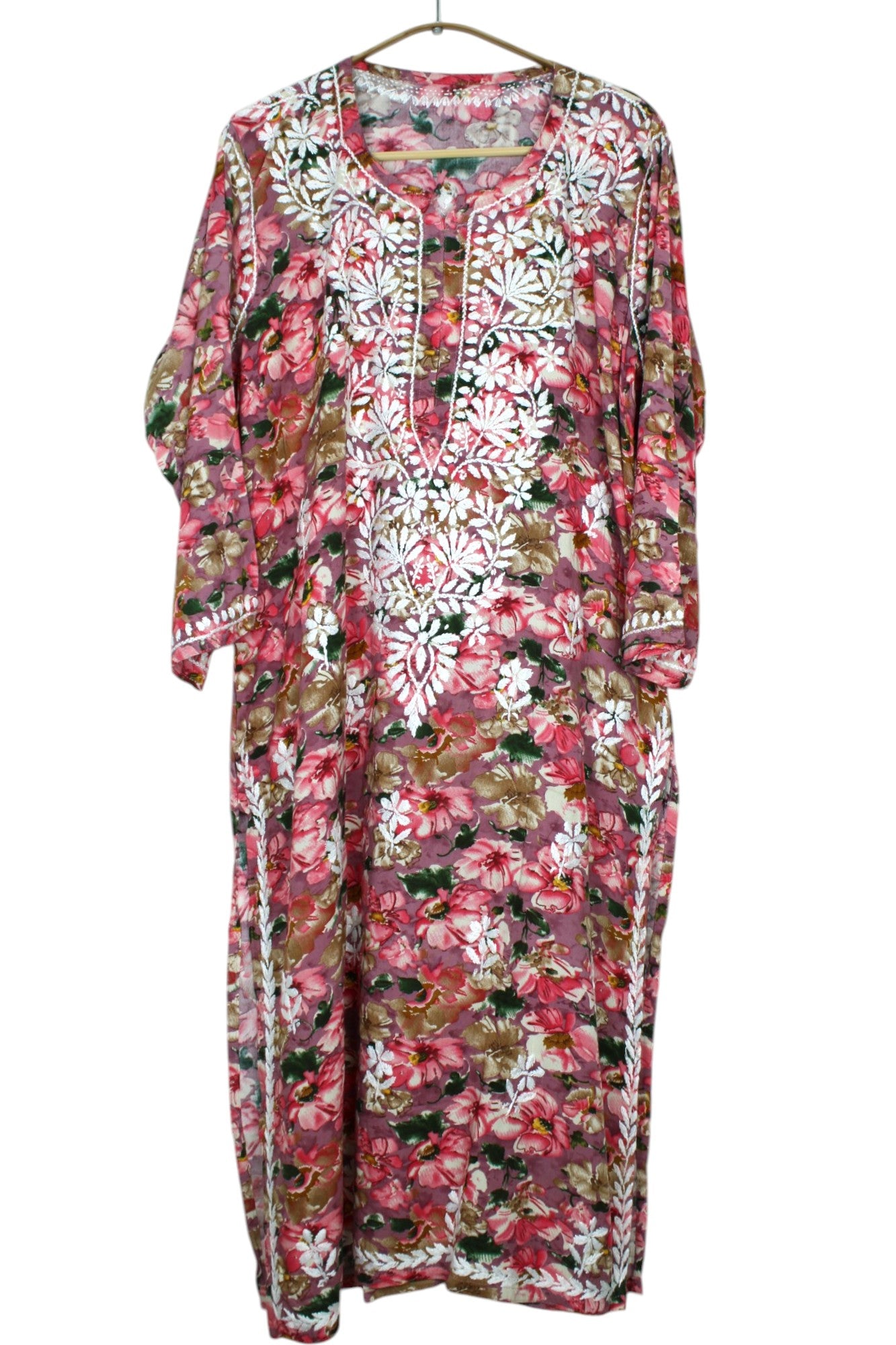 HINA PINK LONG PRINTED RAYON CHIKANKARI KURTA