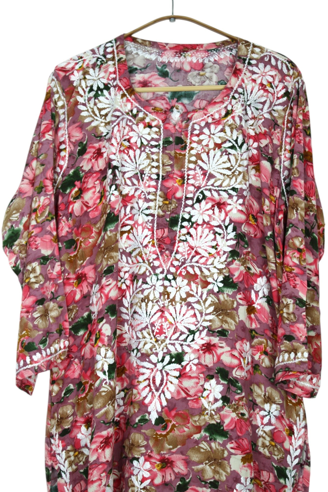 HINA PINK LONG PRINTED RAYON CHIKANKARI KURTA