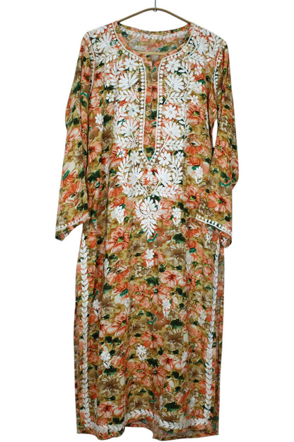 HINA ORANGE LONG PRINTED RAYON CHIKANKARI KURTA