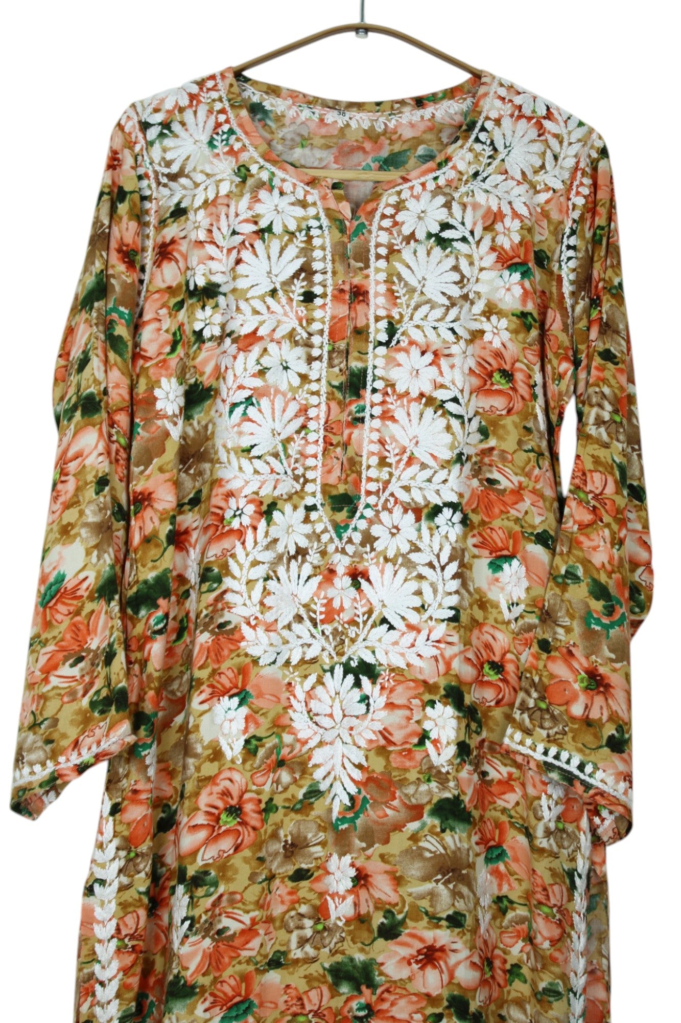 HINA ORANGE LONG PRINTED RAYON CHIKANKARI KURTA