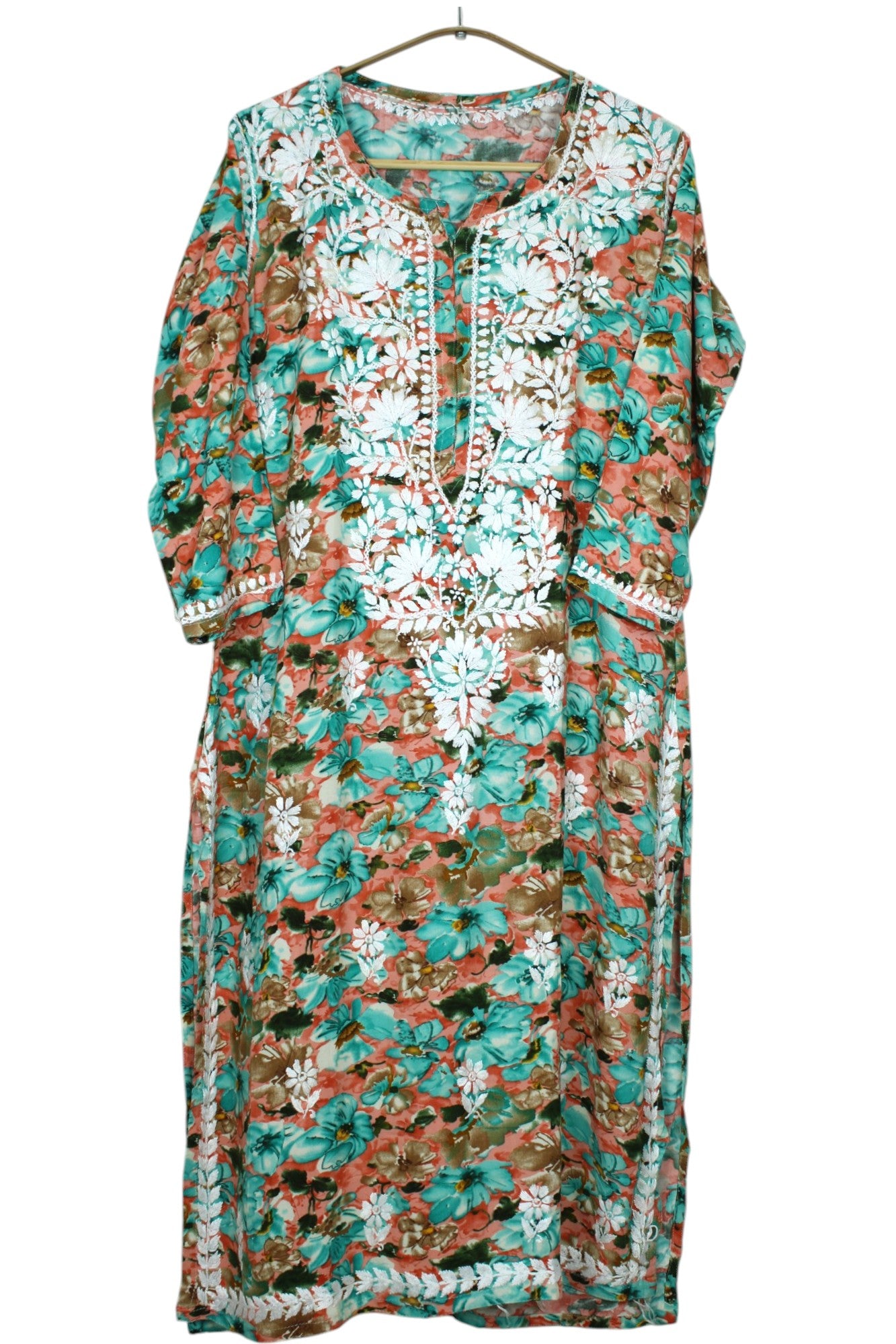 HINA GREEN LONG PRINTED RAYON CHIKANKARI KURTA