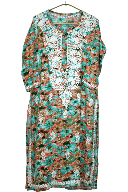 HINA GREEN LONG PRINTED RAYON CHIKANKARI KURTA