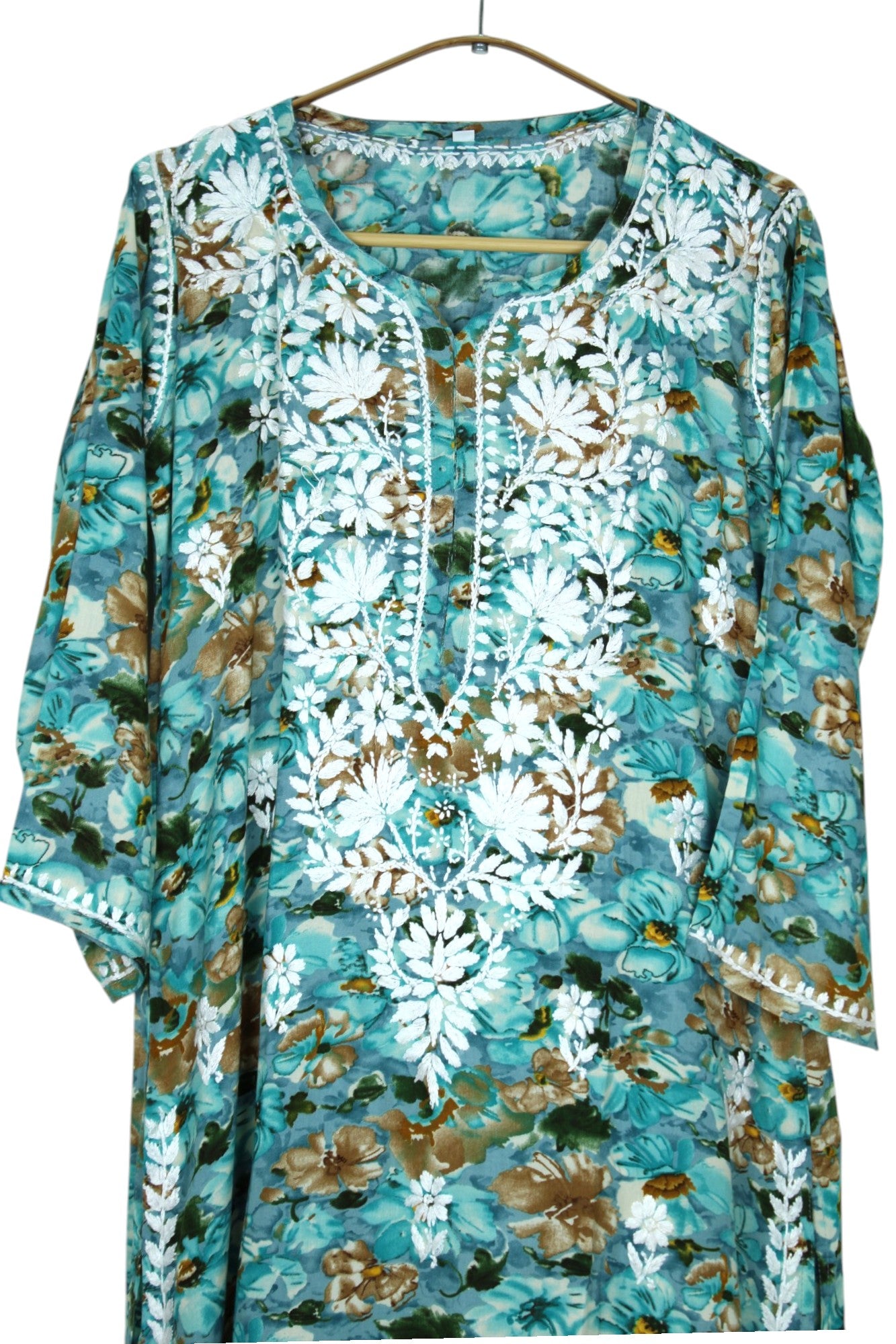 HINA BLUE LONG PRINTED RAYON CHIKANKARI KURTA