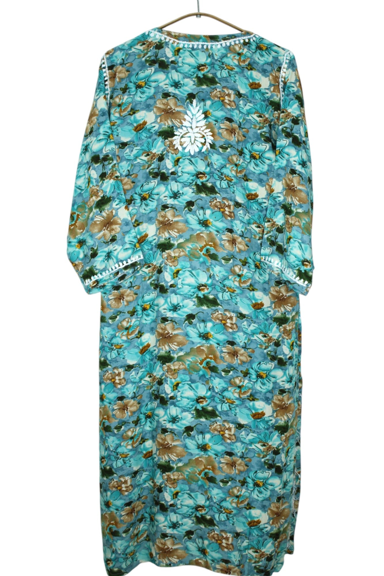 HINA BLUE LONG PRINTED RAYON CHIKANKARI KURTA
