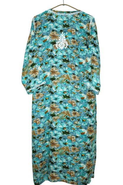 HINA BLUE LONG PRINTED RAYON CHIKANKARI KURTA