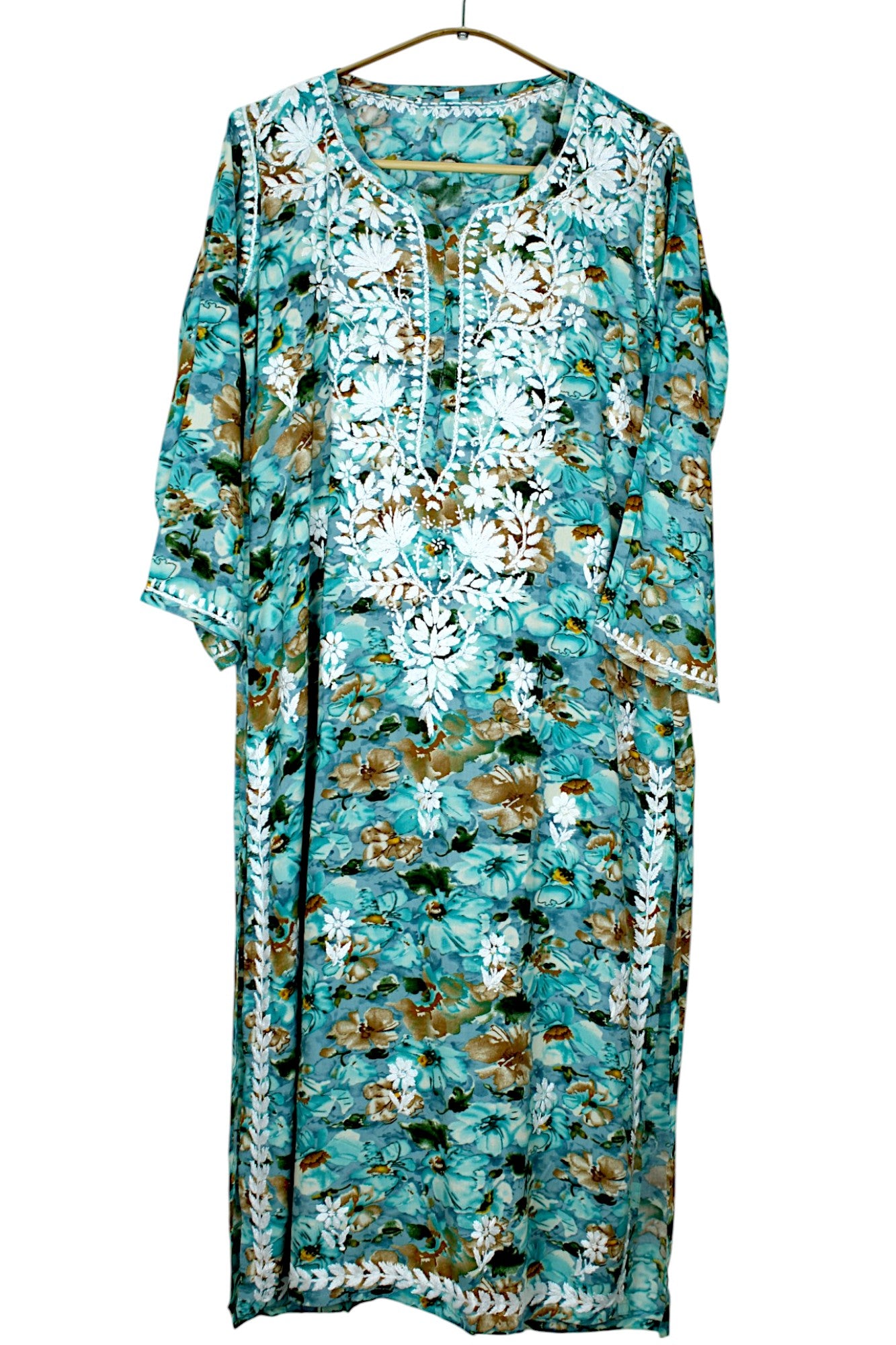 HINA BLUE LONG PRINTED RAYON CHIKANKARI KURTA