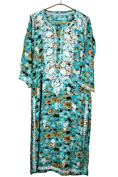 HINA BLUE LONG PRINTED RAYON CHIKANKARI KURTA