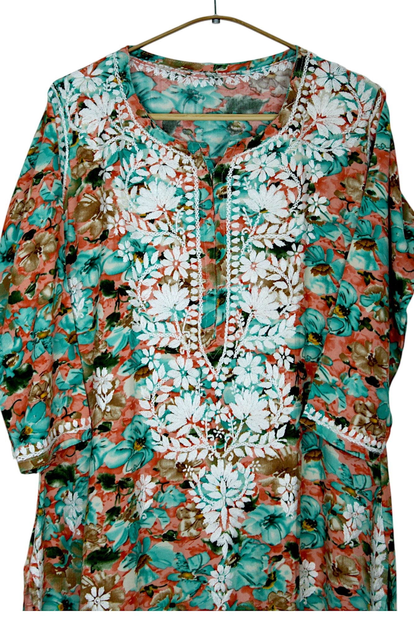 HINA GREEN LONG PRINTED RAYON CHIKANKARI KURTA
