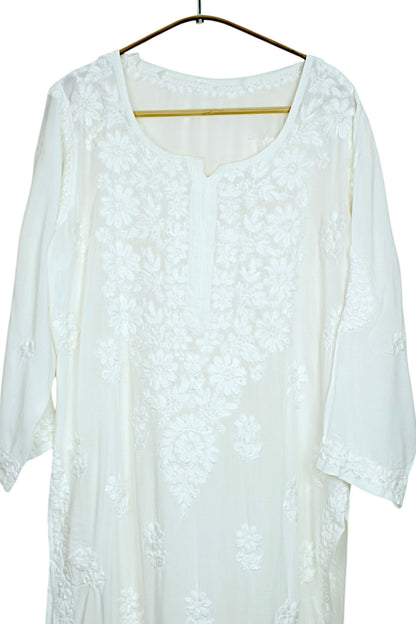 WHITE MODAL LONG KURTA WITH 3D CHIKANKARI