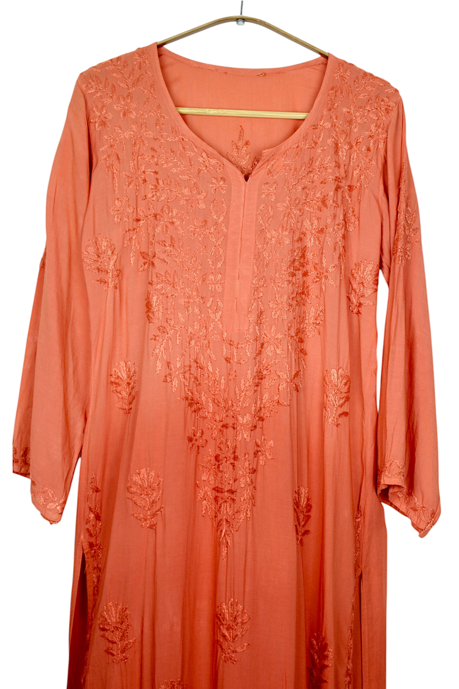 HUDA RUSTY ORANGE DUAL SHADE MODAL LONG KURTA Chikankari Creations HUDA RUSTY ORANGE DUAL SHADE MODAL LONG KURTA Chikankari Creations