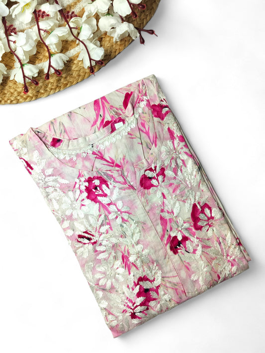 PINK MULMUL BLOSSOM PRINTED LONG KURTA