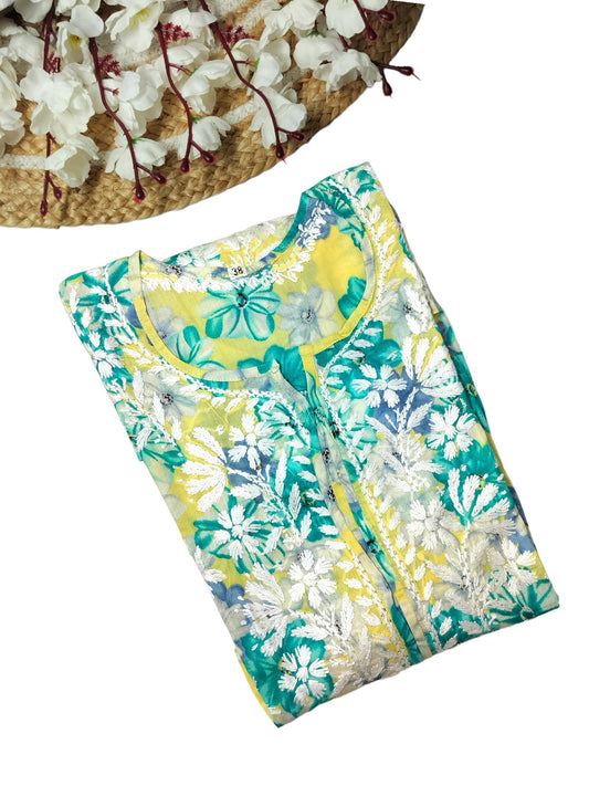GREEN MULMUL PRINTED SHORT FROCK
