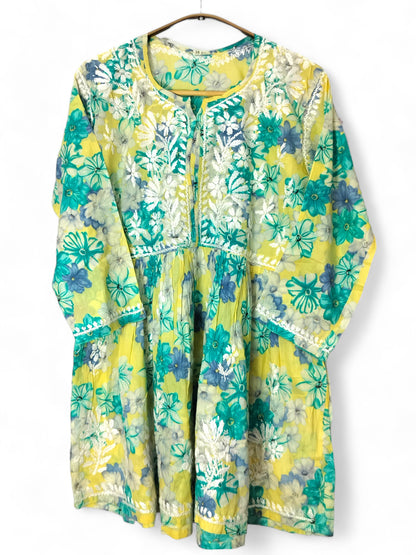 GREEN MULMUL PRINTED SHORT FROCK