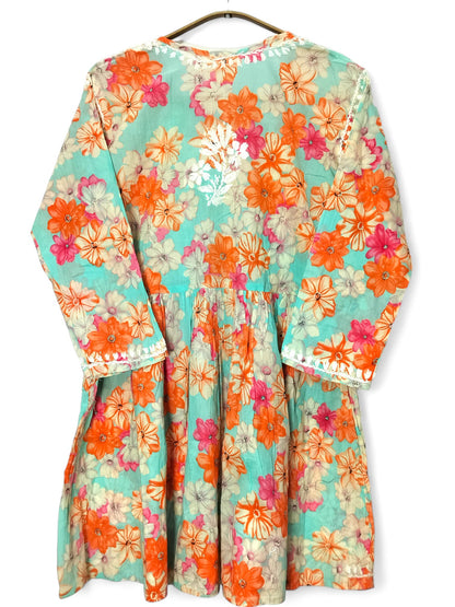 ORANGE MULMUL PRINTED SHORT FROCK