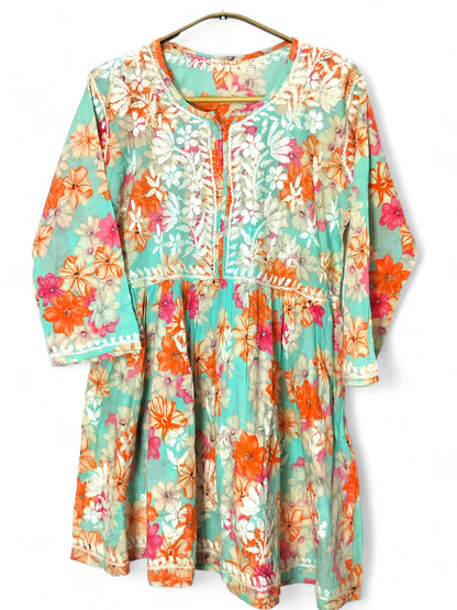 ORANGE MULMUL PRINTED SHORT FROCK