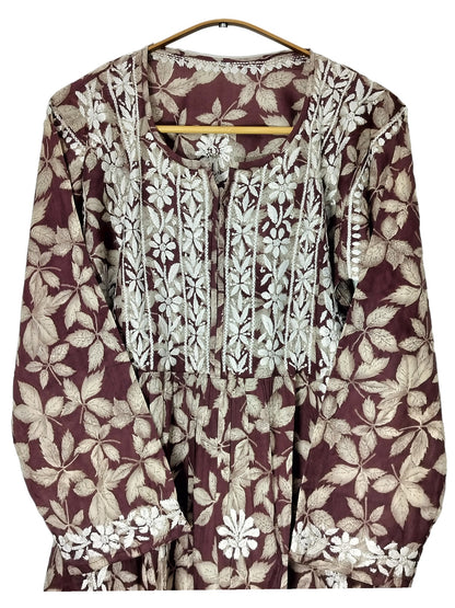 PLUM MULMUL DAHELIA PRINT NYRA CUT LONG DRESS
