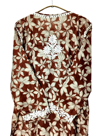 BROWN MULMUL DAHELIA PRINT NYRA CUT LONG DRESS