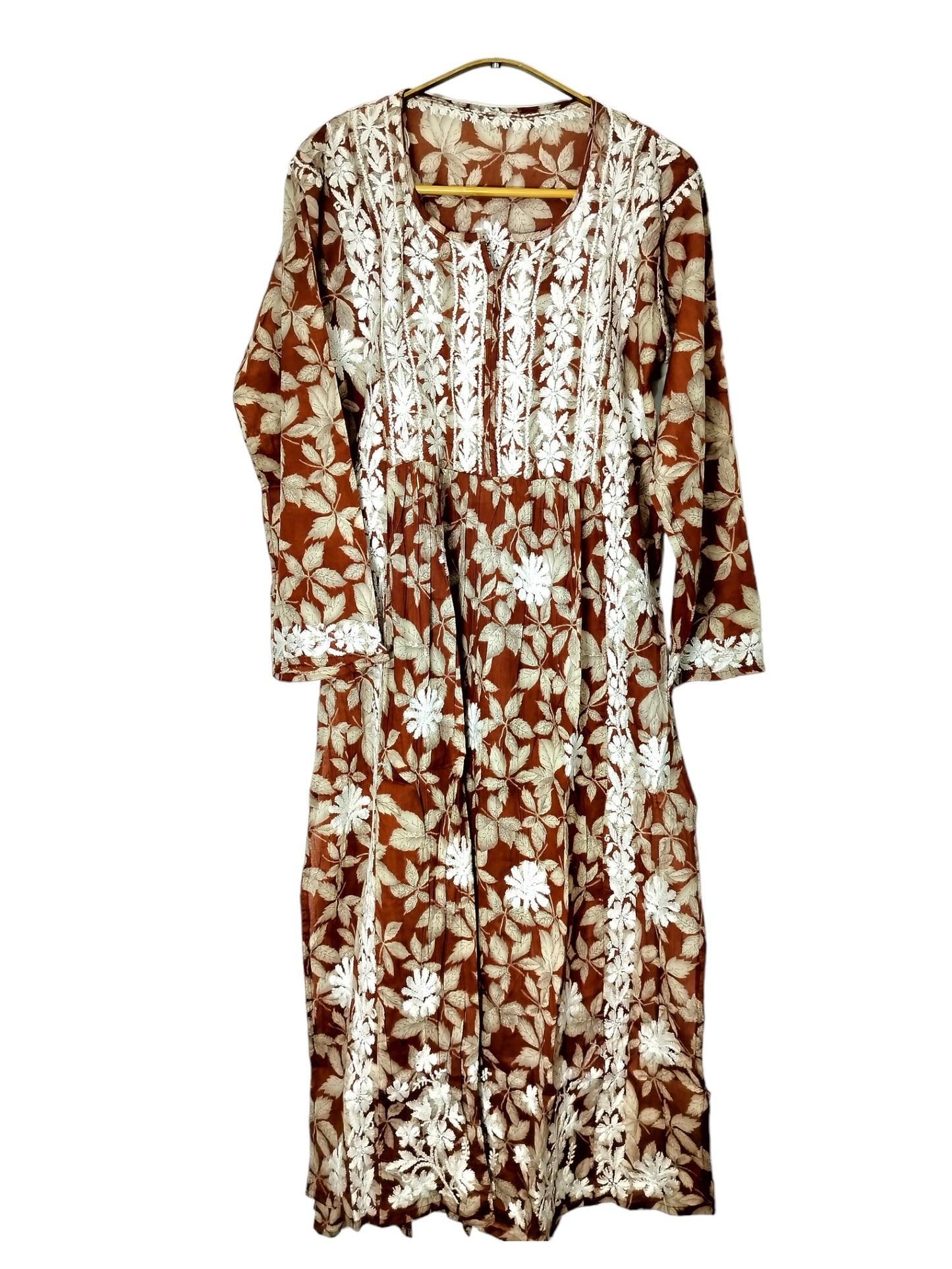 BROWN MULMUL DAHELIA PRINT NYRA CUT LONG DRESS