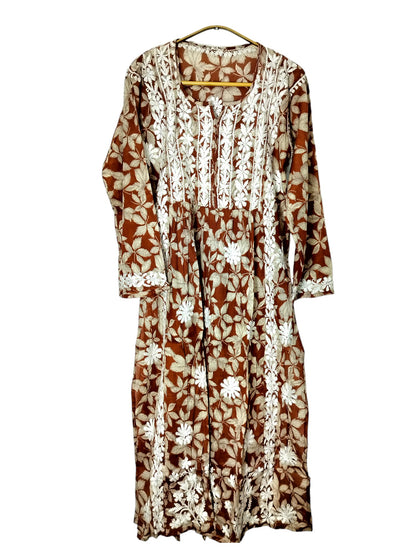BROWN MULMUL DAHELIA PRINT NYRA CUT LONG DRESS
