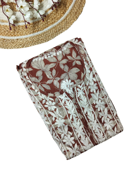 BROWN MULMUL DAHELIA PRINT NYRA CUT LONG DRESS