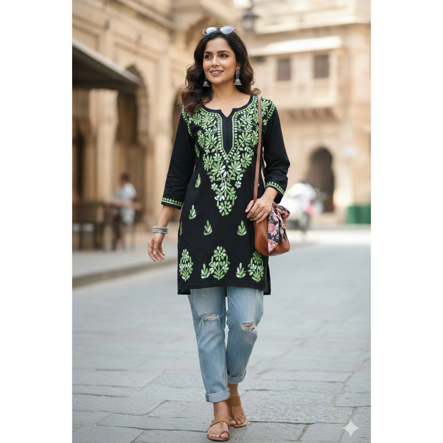 DIYA RAYON SHORT KURTA - BLACK & GREEN