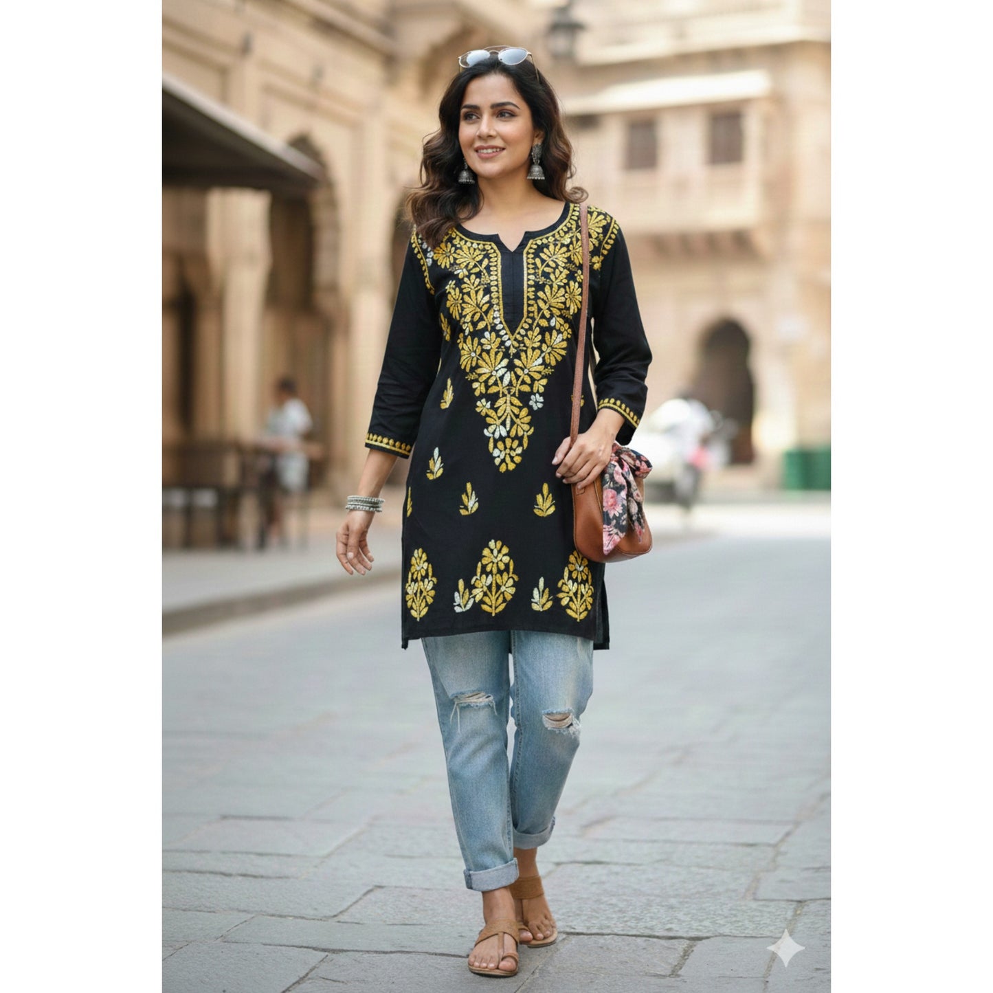 DIYA RAYON SHORT KURTA BLACK & YELLOW