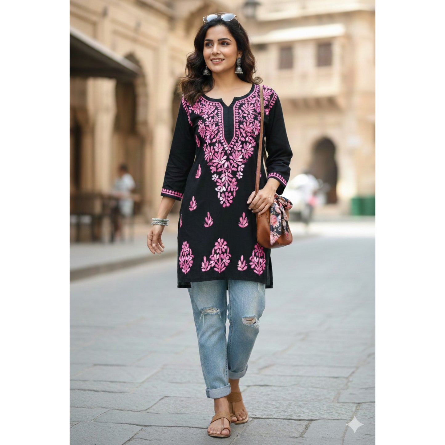 DIYA RAYON SHORT KURTA - BLACK & PINK