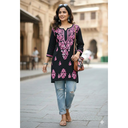 DIYA RAYON SHORT KURTA - BLACK & PINK