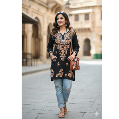 DIYA RAYON SHORT KURTA - BLACK & ORANGE