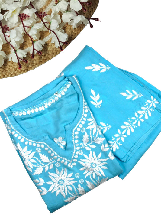SKY BLUE KURTA SET WITH FLORAL CHIKANKARI