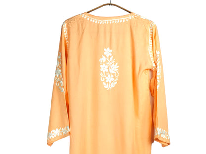 MELON ORANGE KURTA SET WITH FLORAL CHIKANKARI