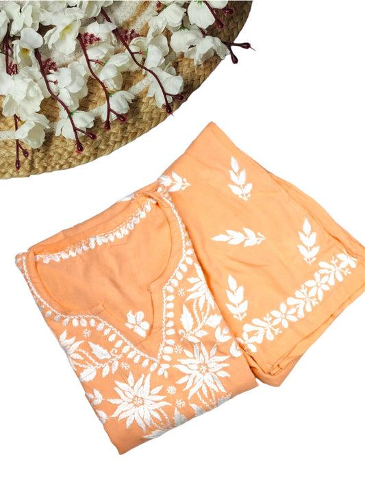 MELON ORANGE KURTA SET WITH FLORAL CHIKANKARI