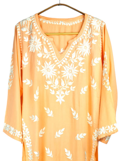 MELON ORANGE KURTA SET WITH FLORAL CHIKANKARI