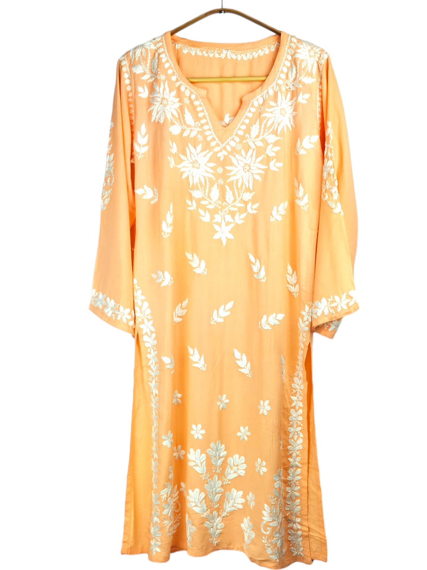 MELON ORANGE KURTA SET WITH FLORAL CHIKANKARI