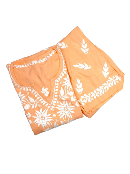 RABIA MELON ORANGE KURTA SET WITH FLORAL CHIKANKARI